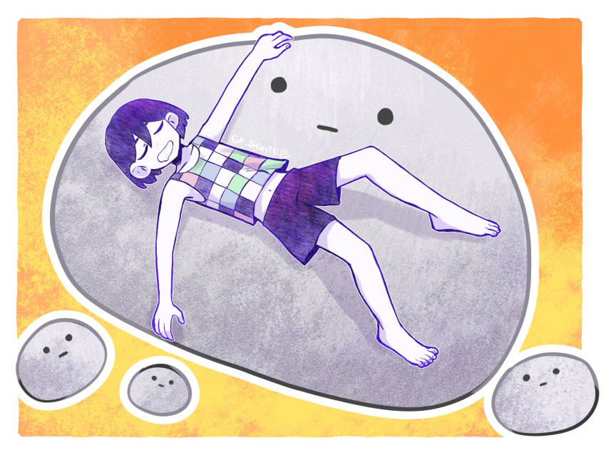 1boy, 6f6d6f7269, closed_eyes, collarbone, colored_skin, drooling, highres, kel_(headspace)_(omori)