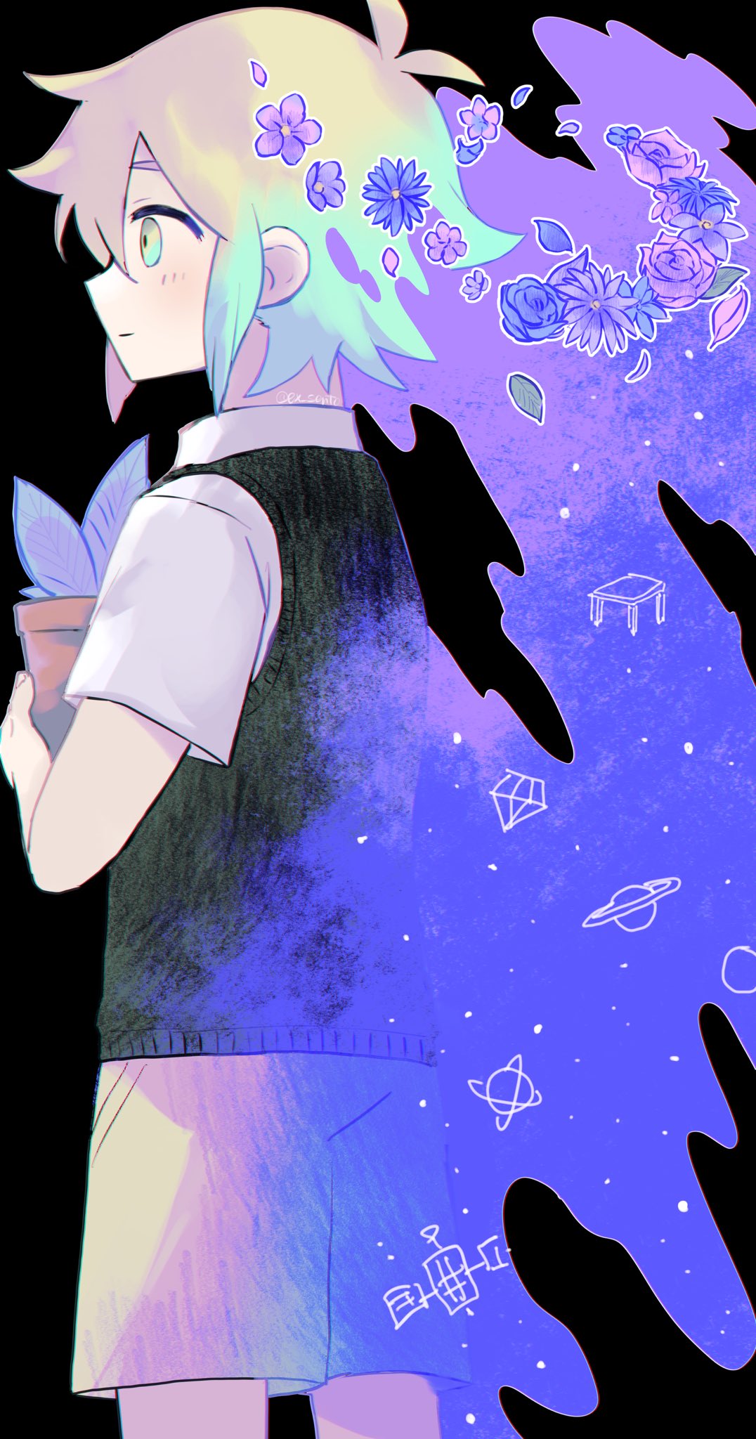 1boy, 6f6d6f7269, basil_(faraway)_(omori), basil_(headspace)_(omori), basil_(omori), blonde_hair, brown_shorts, closed_mouth