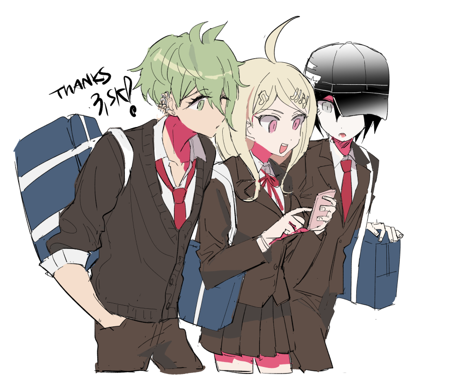 1girl, 2boys, ahoge, akamatsu_kaede, amami_rantaro, bag, black_hair, blonde_hair