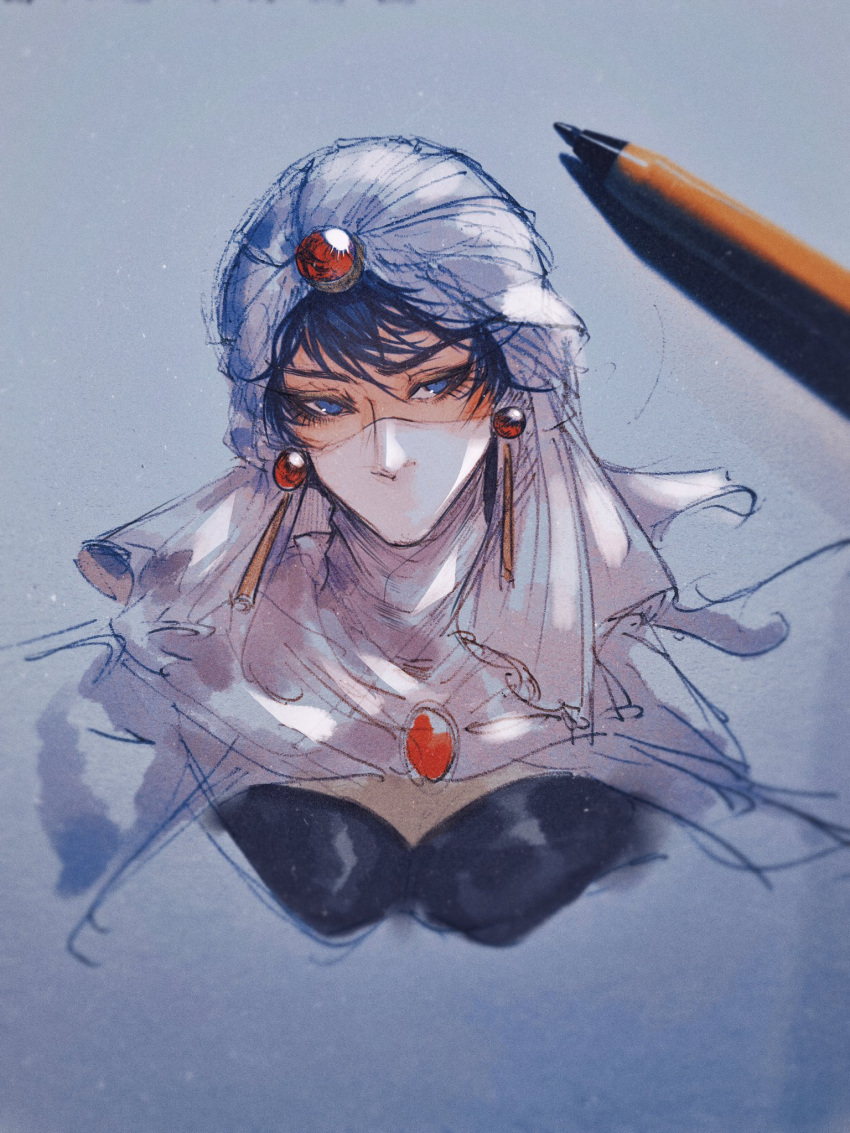 1boy, arabian_clothes, black_hair, blue_eyes, blush, cropped_torso, dangle_earrings, daonov1, earrings, final_fantasy, final_fantasy_ii, forehead_jewel, gem, highres, jewelry, looking_to_the_side, male_focus, mask, minwu, mixed_media, mouth_mask, pencil, photo_(medium), red_gemstone, short_hair, solo, turban, upper_body