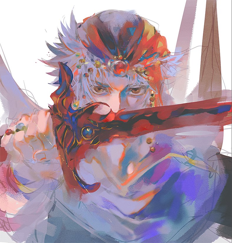 1boy, arm_up, bandana, beads, brown_eyes, cape, commentary, covered_mouth, final_fantasy, final_fantasy_ii, firion, forehead_jewel, gem, grey_hair, hair_beads, hair_ornament, holding, holding_sword, holding_weapon, jewelry, looking_at_viewer, male_focus, multiple_rings, red_gemstone, ring, serious, short_hair, sketch, skraksff, solo, sword, upper_body, weapon, white_background