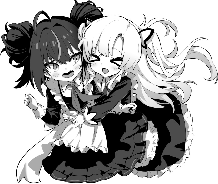 >_<, 2girls, :d, azur_lane, azur_lane:_slow_ahead, black_dress, black_nails, double_bun