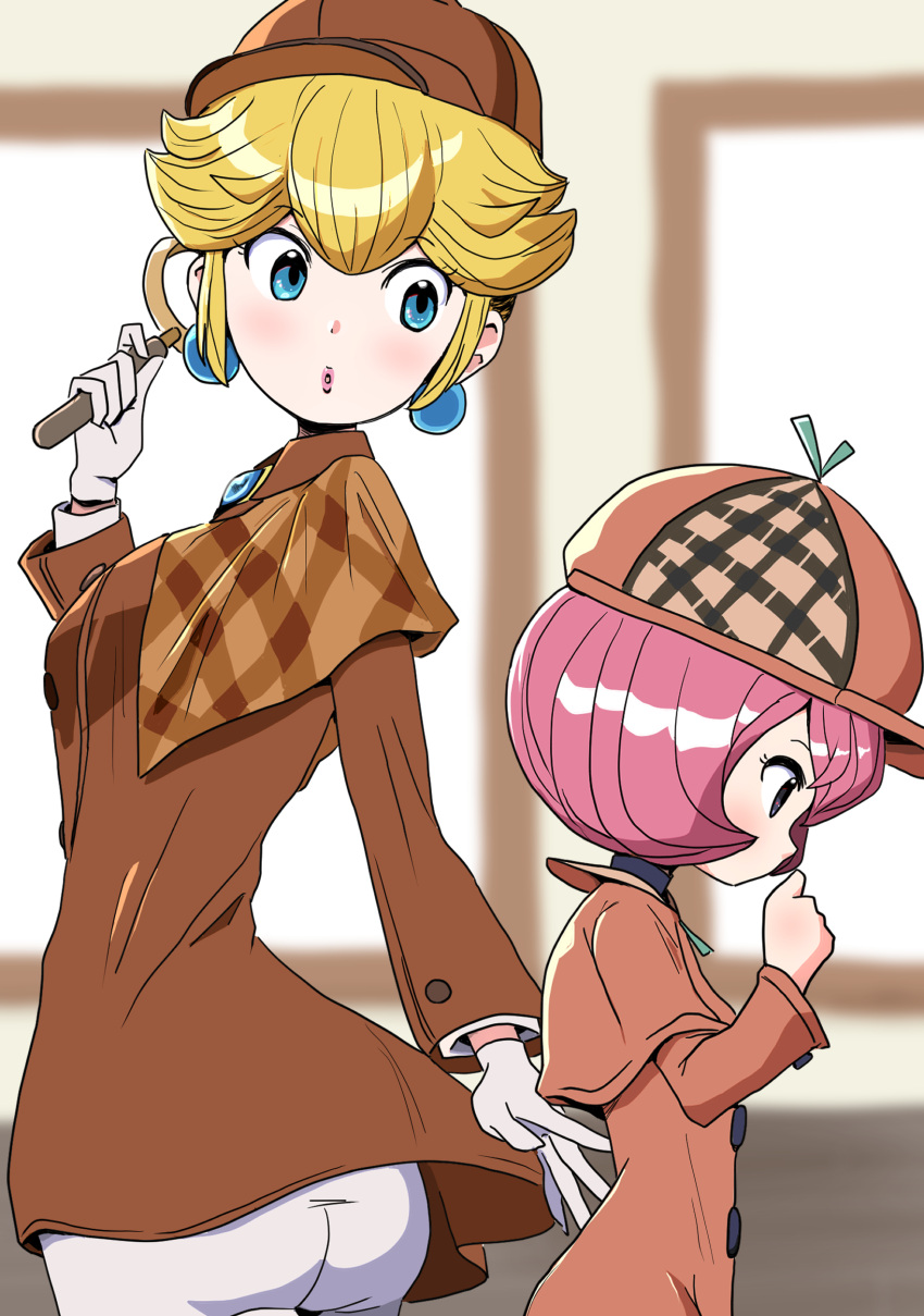 2girls, absurdres, blonde_hair, blue_eyes, blurry, blurry_background, brooch, brown_coat