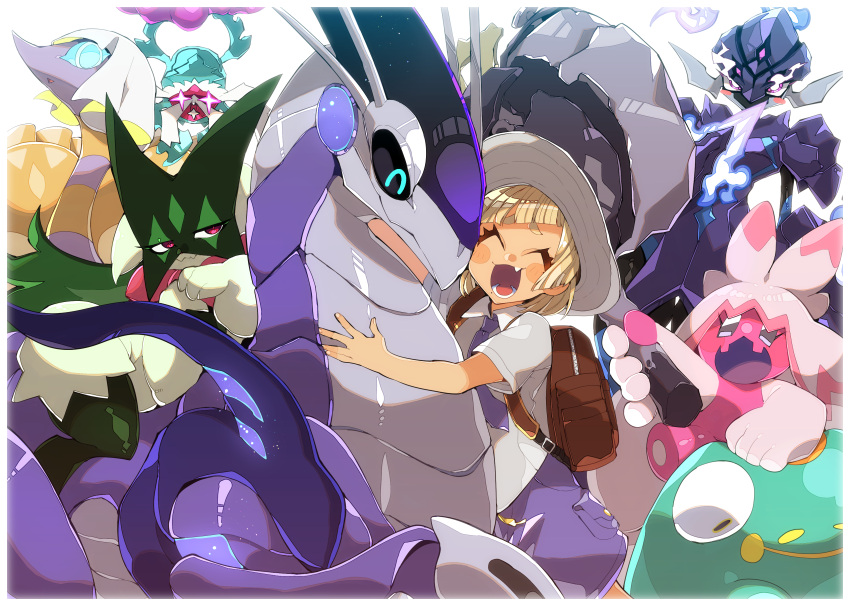 1girl, :d, absurdres, backpack, bag, bellibolt, black_eyes, blonde_hair