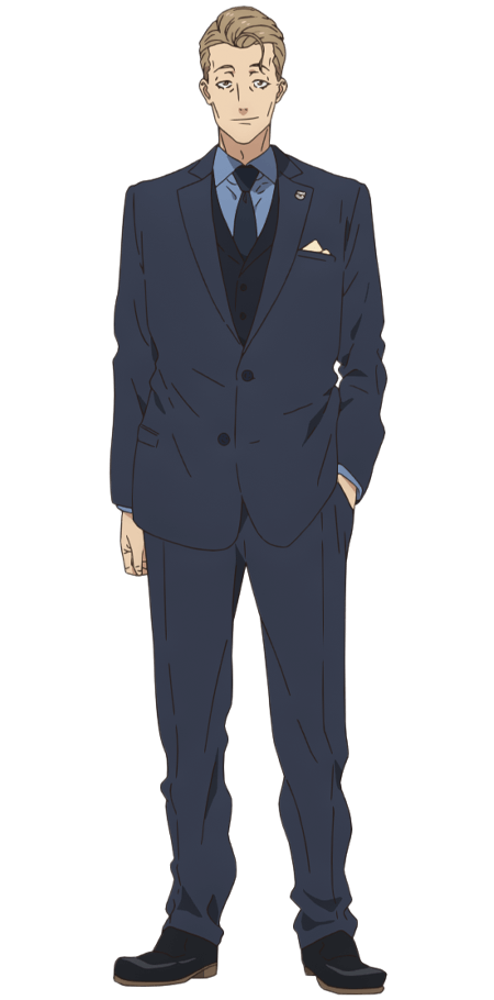 1boy, black_footwear, black_vest, blue_jacket, blue_necktie, blue_pants, blue_shirt, brown_eyes