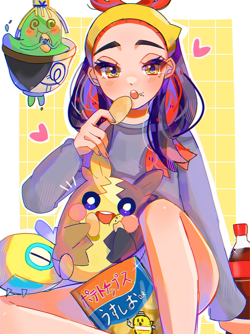 1girl, black_hair, border, bottle, carmine_(pokemon), chips_(food), cola, commentary_request