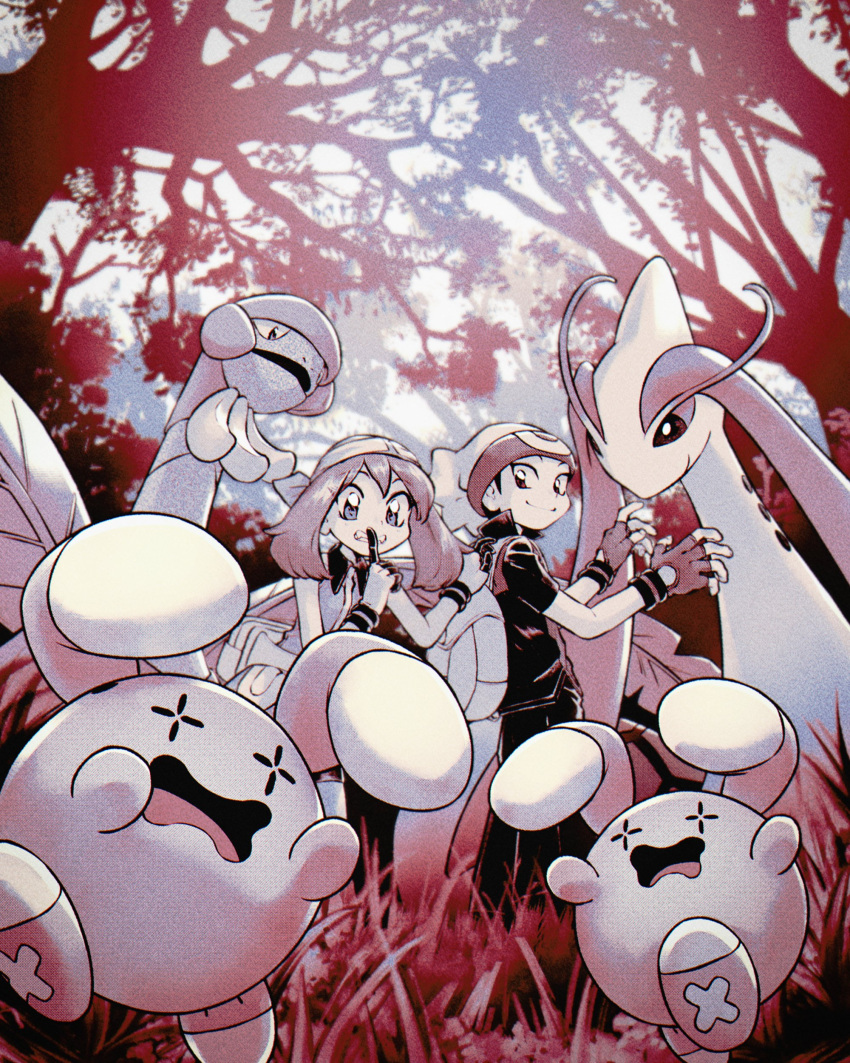 1boy, 1girl, absurdres, banana, bandana, brendan_(pokemon), clenched_teeth, closed_mouth