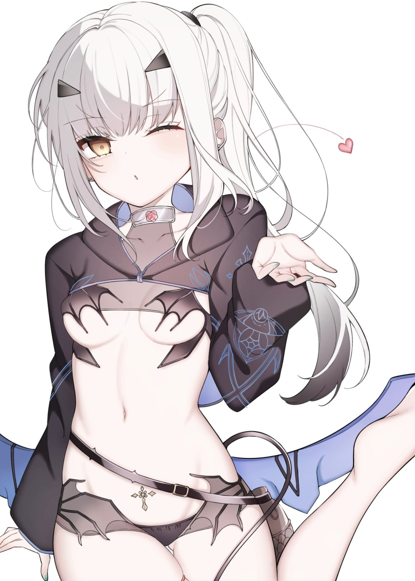 1girl, absurdres, breasts, fate/grand_order, fate_(series), highres, mati5572, melusine_(fate), melusine_(swimsuit_ruler)_(fate), melusine_(swimsuit_ruler)_(first_ascension)_(fate), navel, one_eye_closed, simple_background, small_breasts, solo, swimsuit, thighs, white_background, white_hair, yellow_eyes