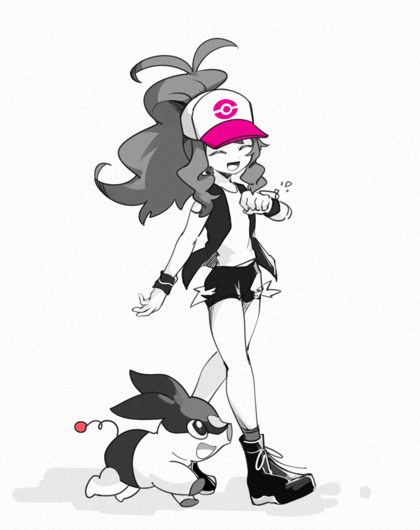:d, baseball_cap, boots, c6h14o0918, closed_eyes, cross-laced_footwear, greyscale, hat