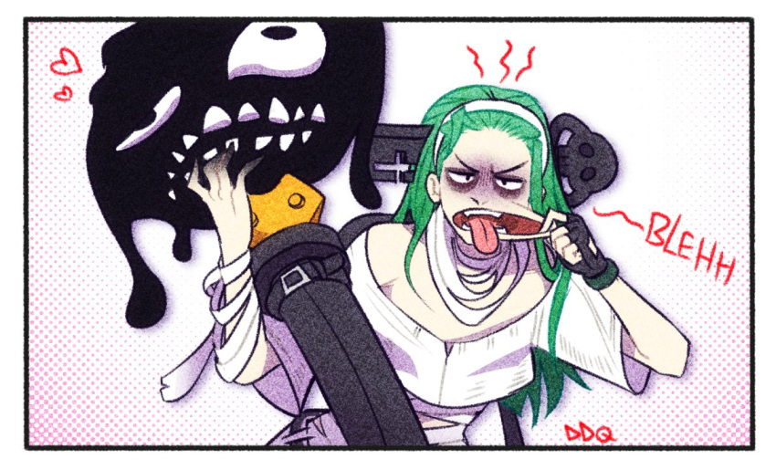 1girl, a.b.a, bags_under_eyes, bandages, demidevilqueen, green_hair, guilty_gear, hair_ornament