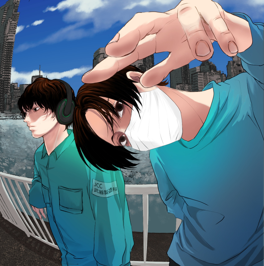 aqua_shirt, black_eyes, black_hair, building, day, fisheye, hand_up, headphones