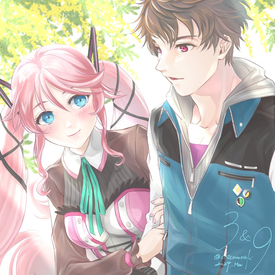 1boy, 1girl, artist_name, blue_eyes, blue_jacket, blush, breast_pocket, brown_hair