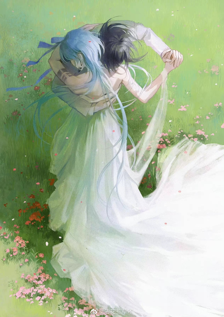 1boy, 1girl, armlet, bare_arms, bare_shoulders, black_hair, blue_hair, caomufound