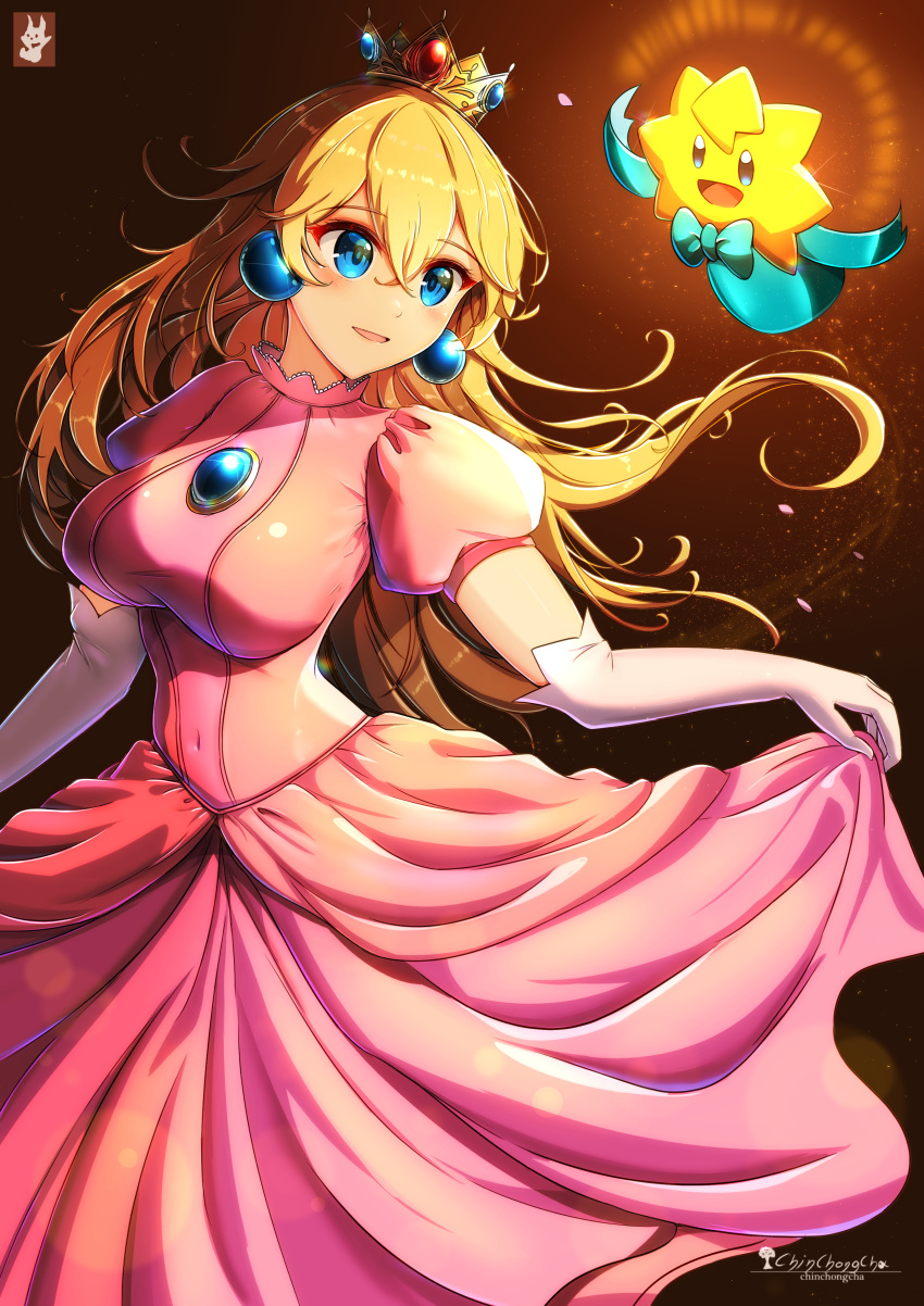 2girls, absurdres, blonde_hair, blue_eyes, brooch, chinchongcha, crown, dress, earrings, elbow_gloves, gloves, highres, jewelry, long_hair, multiple_girls, pink_dress, princess_peach, princess_peach:_showtime!, stella_(peach), super_mario_bros., super_smash_bros., very_long_hair, white_gloves
