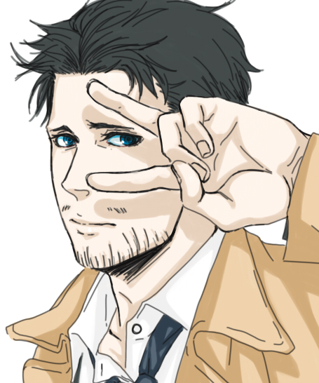 artist_request, black_hair, blue_eyes, castiel, face, facial_hair, hands, long_coat