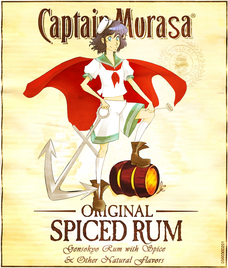 barrel, black_hair, blue_eyes, cape, captain_morgan, hat, hishaku, midriff