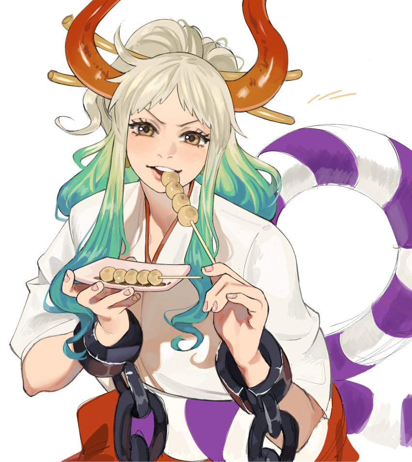 1girl, absurdres, aqua_hair, chain, commentary, dango, eating, eyelashes
