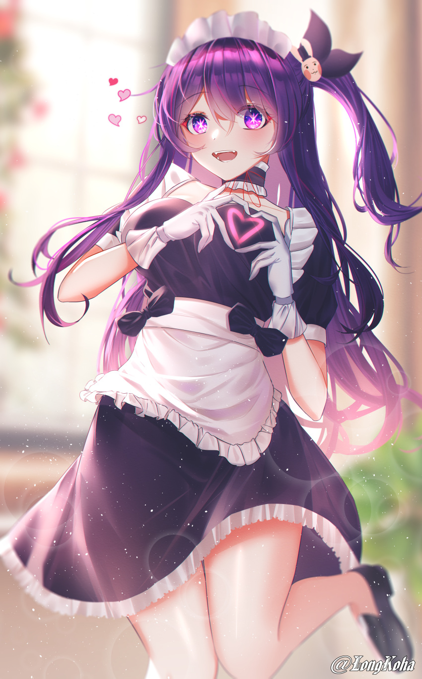 1girl, absurdres, alternate_costume, apron, black_choker, black_dress, black_footwear, blurry