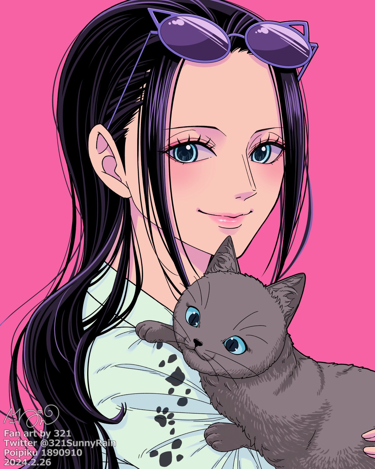 1girl, 321, 2024, animal, black_hair, blue_eyes, carrying, cat, close-up, closed_mouth, dated, eyelashes, eyeshadow, eyewear_on_head, hair_slicked_back, highres, long_hair, looking_at_viewer, makeup, nico_robin, one_piece, pink_background, pink_eyeshadow, pink_lips, shirt, sidelocks, simple_background, smile, twitter_username, white_shirt