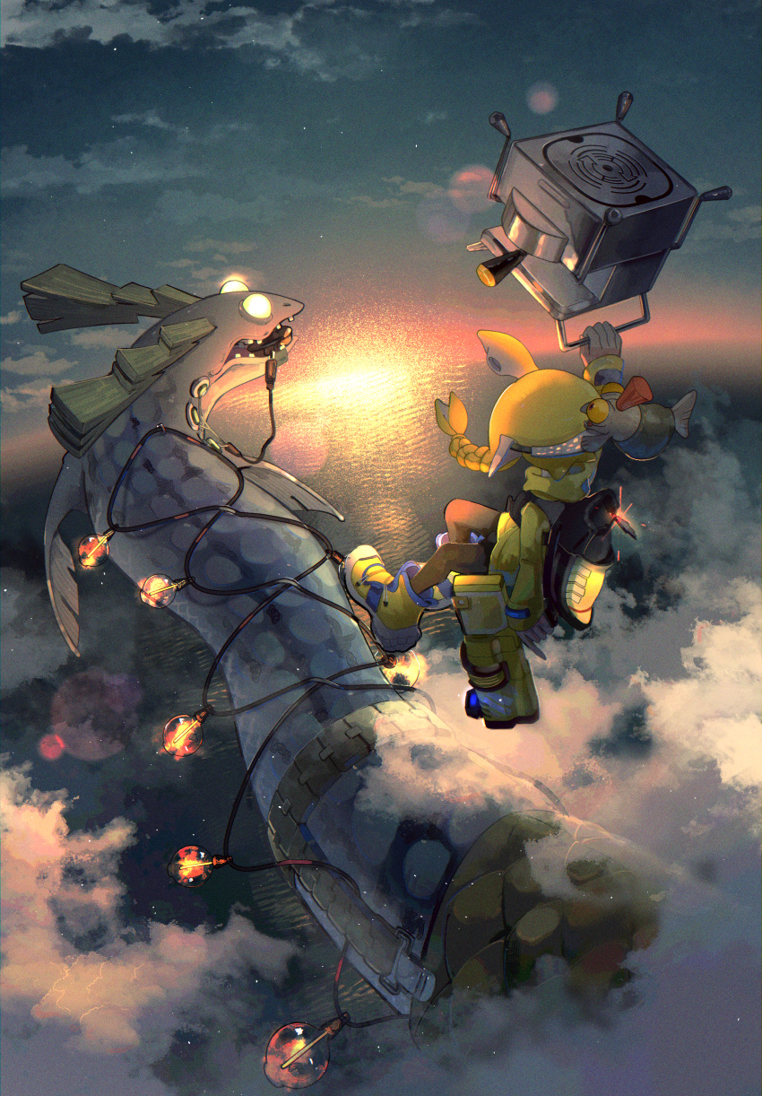 1girl, absurdres, agent_3_(splatoon_3), animal_on_head, arm_at_side, arm_up, blonde_hair, blurry