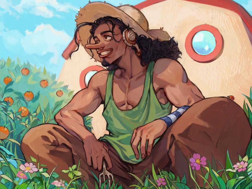 1boy, absurdres, alternate_costume, black_eyes, clenched_teeth, commentary, curly_hair, earmuffs
