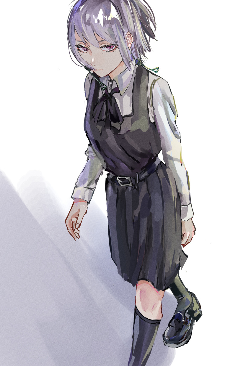 absurdres, black_socks, chainsaw_man, commentary_request, dress, earrings, fami_(chainsaw_man), highres, jewelry, loafers, looking_at_viewer, medium_hair, pinafore_dress, purple_hair, red_eyes, shoes, sleeveless, sleeveless_dress, socks, tassel, tassel_earrings, user_tfcp4878, walking, white_background