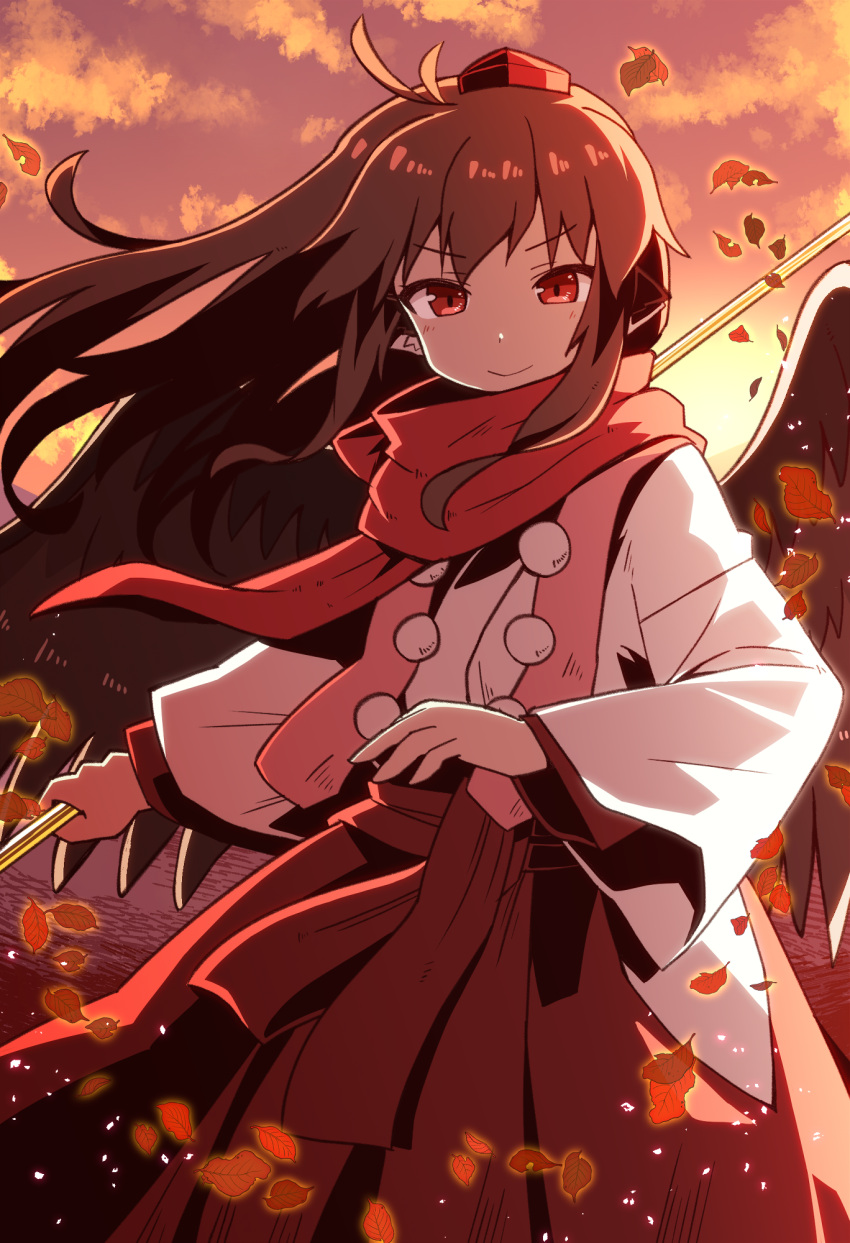 1girl, animal_ears, autumn, autumn_leaves, brown_hair, closed_mouth, commentary_request, cowboy_shot