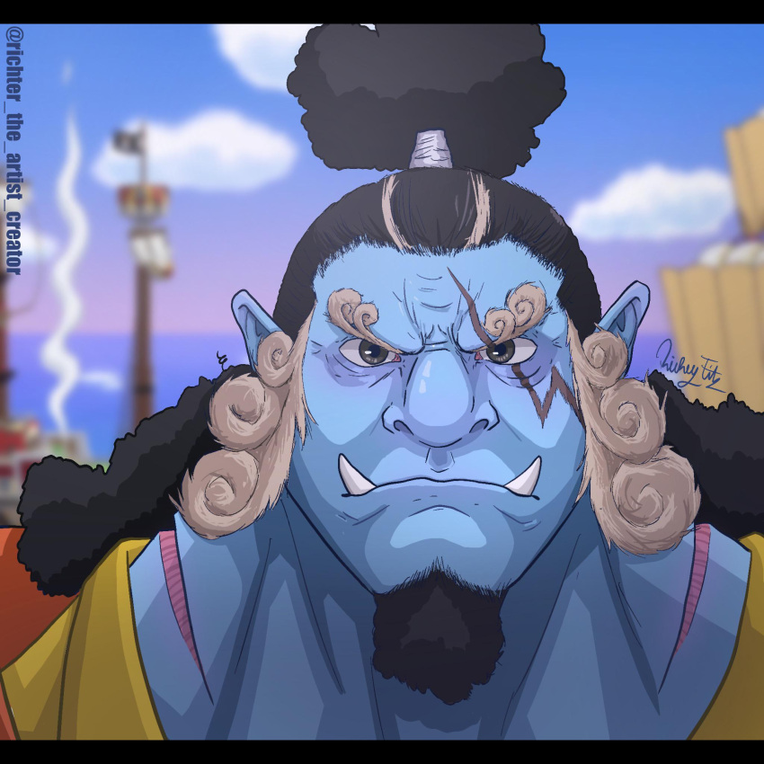 1boy, artist_name, black_eyes, black_hair, blue_skin, closed_mouth, colored_skin, commentary
