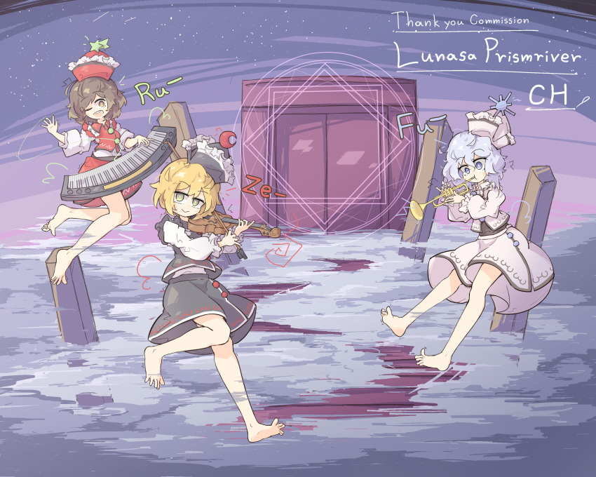 3girls, absurdres, barefoot, barrier_of_life_and_death_(touhou), black_hat, black_jacket, black_skirt, commission