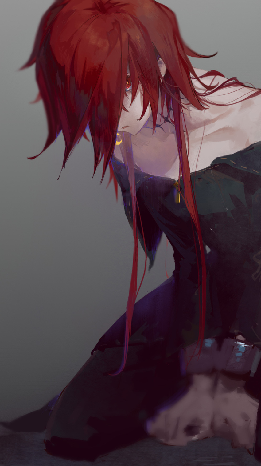 1other, androgynous, bare_shoulders, black_dress, blurry, bound, bound_wrists, collarbone