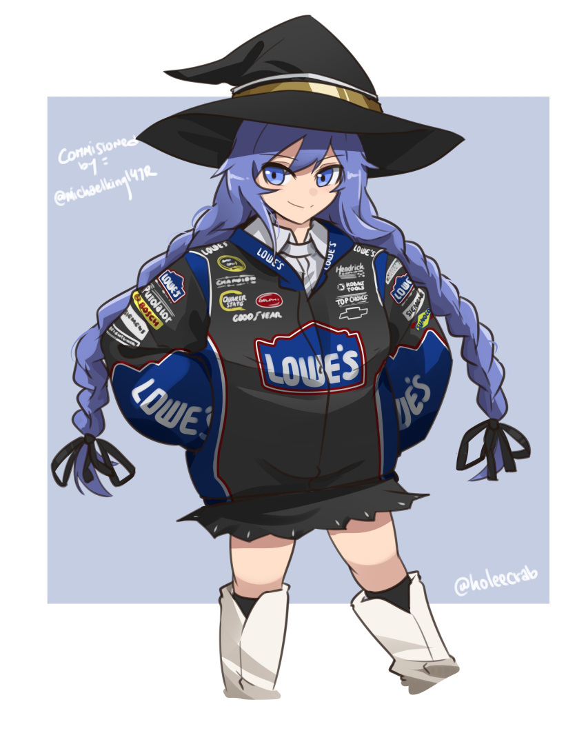 1girl, absurdres, black_hat, black_jacket, black_ribbon, black_skirt, black_socks, blue_eyes, blue_hair, boots, braid, collared_shirt, commission, cosplay, hair_ribbon, hands_in_pockets, hat, highres, holeecrab, jacket, jimmie_johnson, jimmie_johnson_(cosplay), long_hair, mushoku_tensei, nascar, ribbon, roxy_migurdia, shirt, skirt, socks, solo, twin_braids, very_long_hair, white_footwear, white_shirt, witch_hat