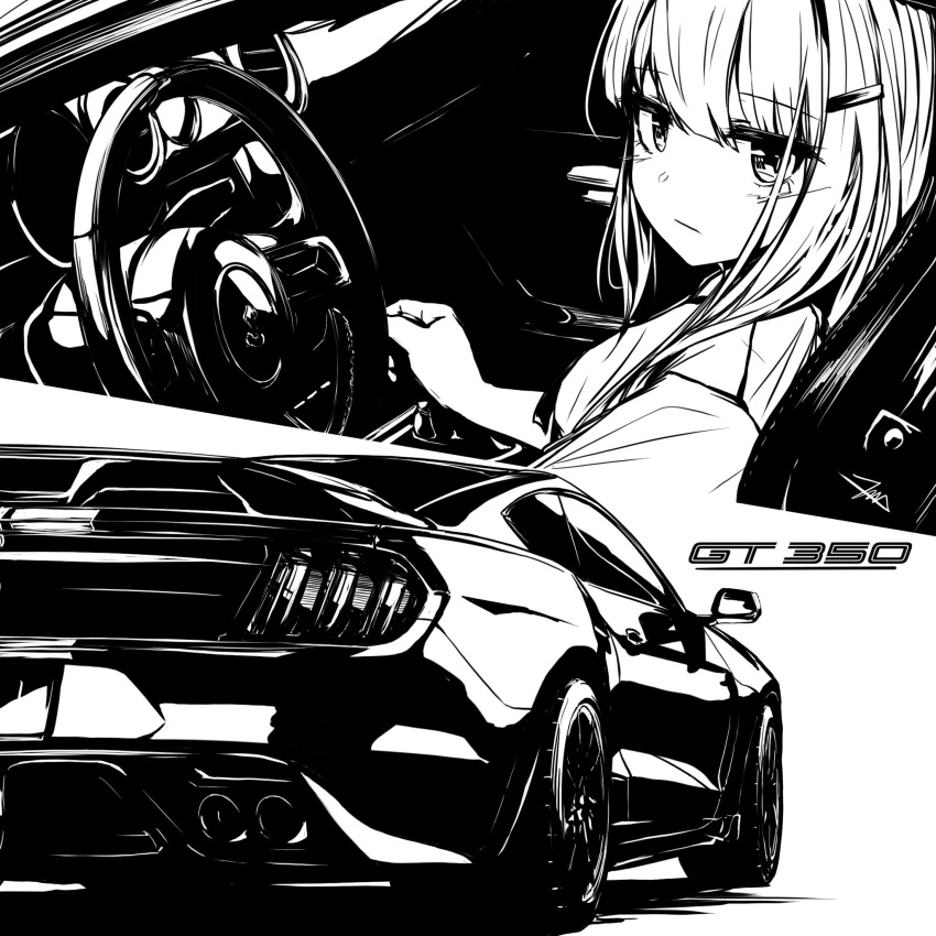 1girl, car, collared_shirt, english_commentary, ford, ford_mustang, ford_mustang_gt350r, ford_mustang_s550, from_behind, frown, greyscale, hair_ornament, hairclip, highres, looking_at_viewer, monochrome, motor_vehicle, multiple_views, muscle_car, nougat_(73r1r1), original, shadow, shirt, spoiler_(automobile), steering_wheel, vehicle_focus