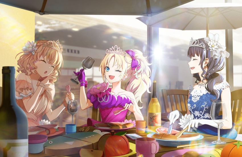 3girls, apple_juice, blue_dress, blue_hair, blurry, blurry_background, bow, closed_eyes