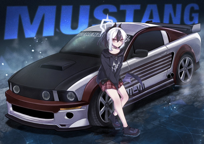 1girl, between_legs, black_footwear, black_hair, black_hoodie, blue_archive, blush, car