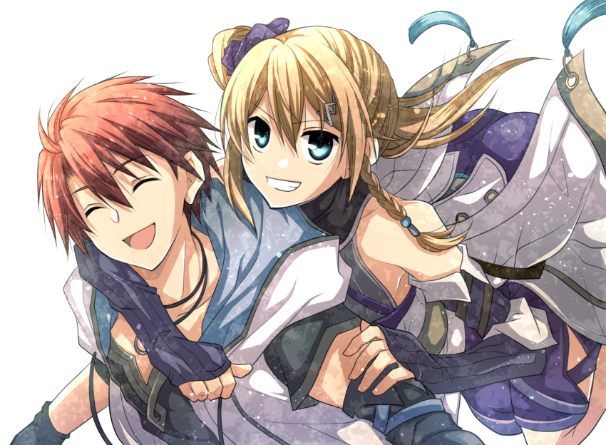 1boy, 1girl, adol_christin, bare_shoulders, blonde_hair, braid, closed_eyes, detached_sleeves