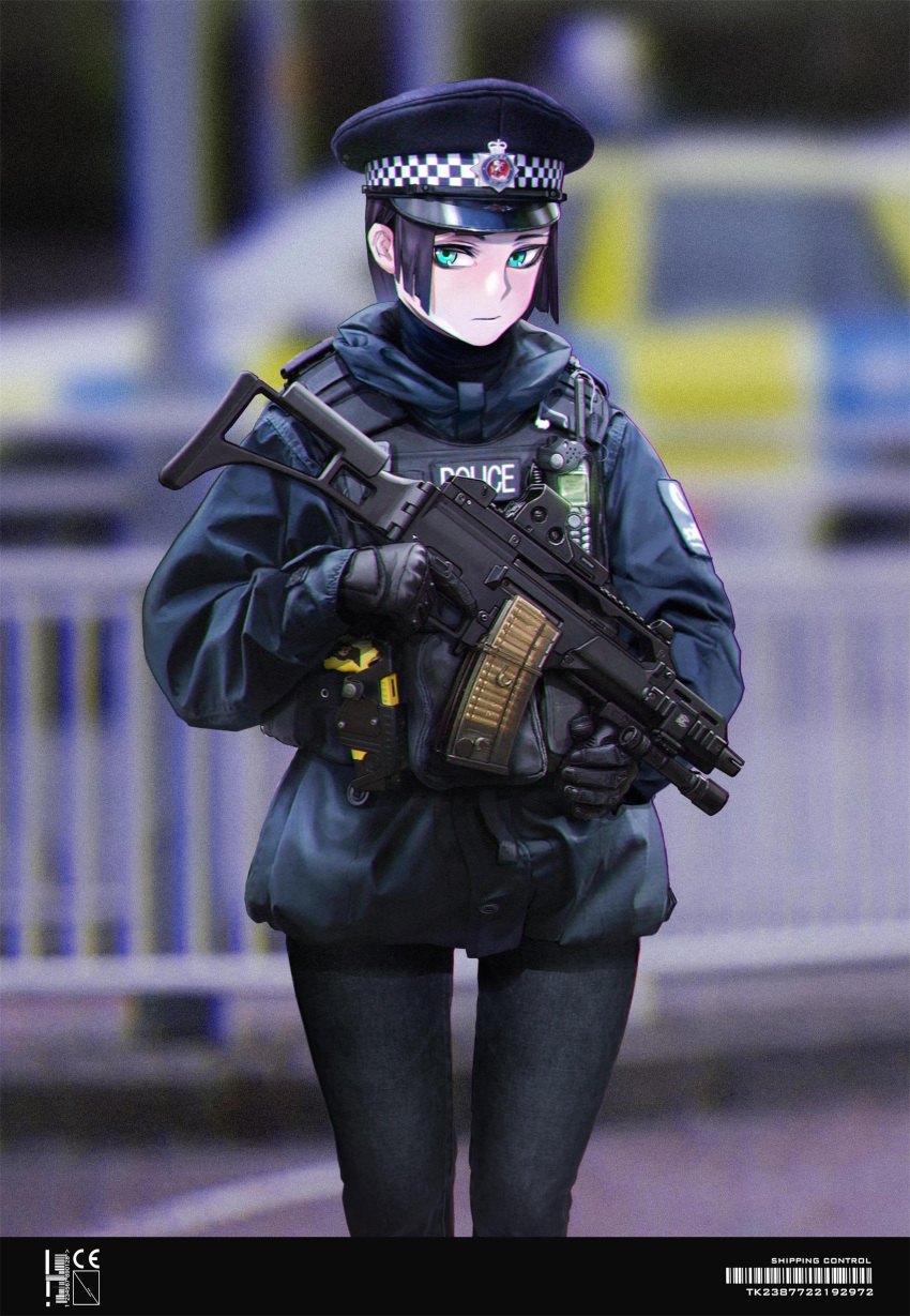1girl, absurdres, assault_rifle, black_eyeliner, black_eyeshadow, black_gloves, black_hair, black_hat