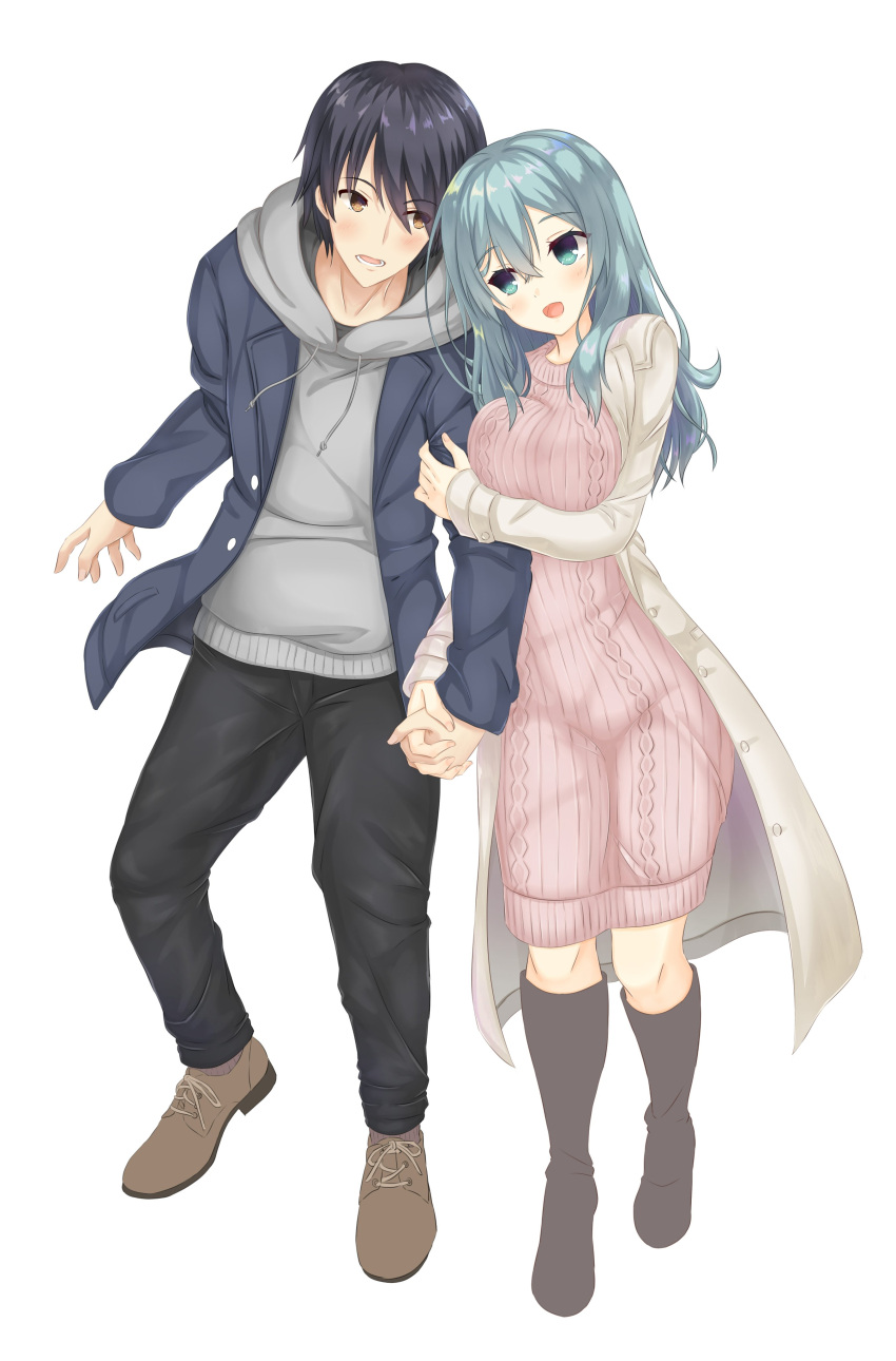 1boy, 1girl, :d, absurdres, aqua_eyes, aqua_hair, arihara_satoru, arm_at_side