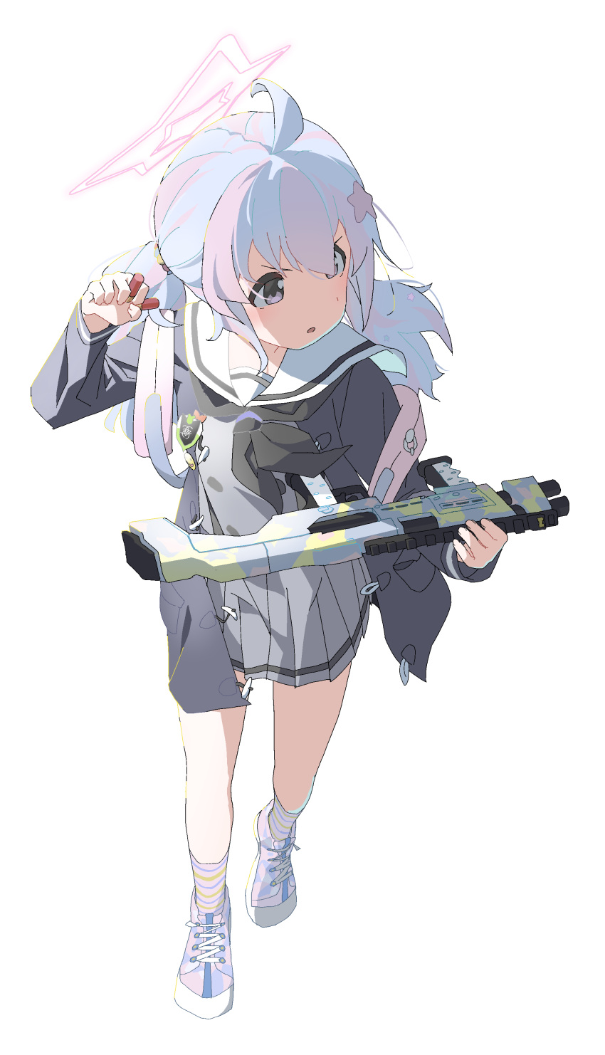 1girl, absurdres, ahoge, black_jacket, black_neckerchief, blue_archive, full_body, fuyubone