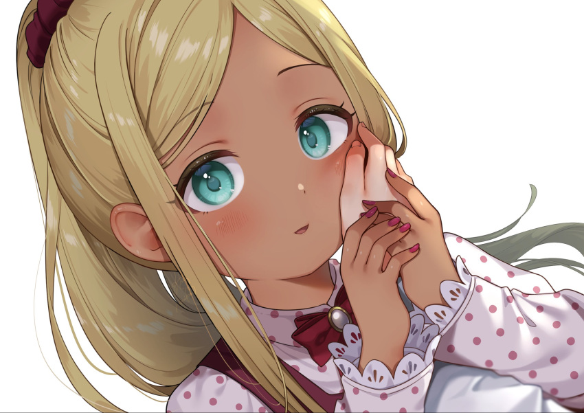 1girl, 1other, aqua_eyes, blonde_hair, bow, bowtie, brooch, dark-skinned_female