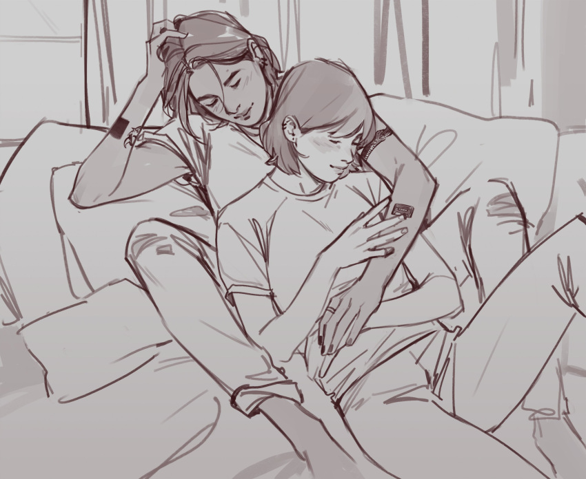 2girls, absurdres, arm_tattoo, between_legs, blush, closed_eyes, closed_mouth, cushion