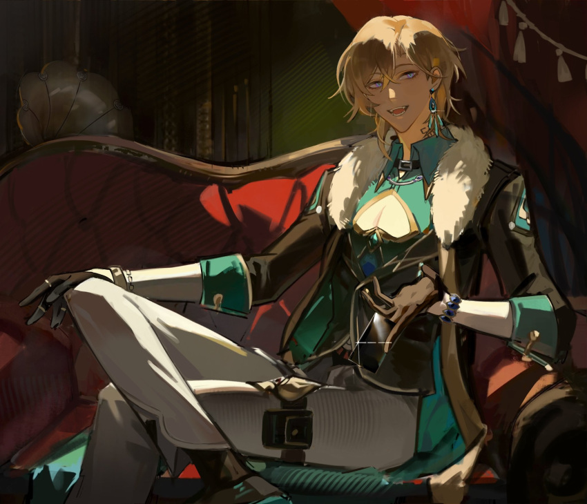 1boy, aqua_shirt, aventurine_(honkai:_star_rail), black_gloves, black_jacket, blonde_hair, bracelet, clothing_cutout