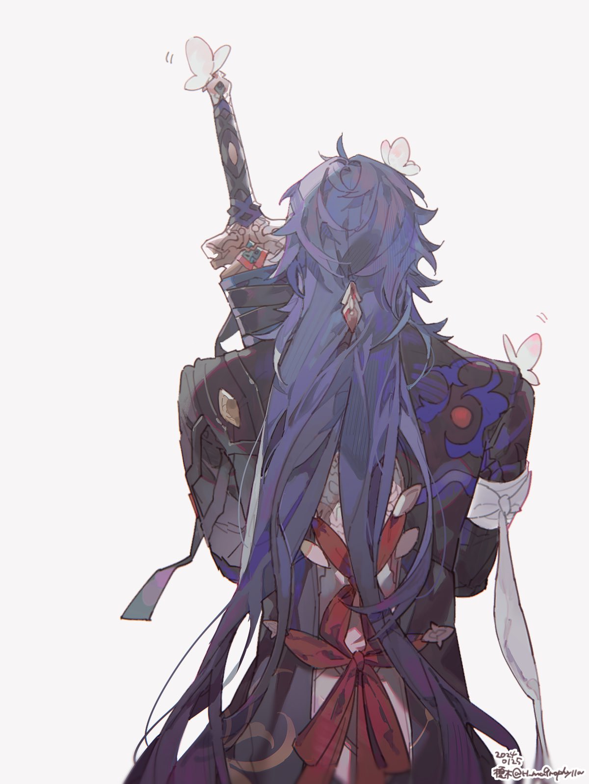 1boy, black_hair, blade_(honkai:_star_rail), bug, butterfly, from_behind, h_ma9rophylla, highres