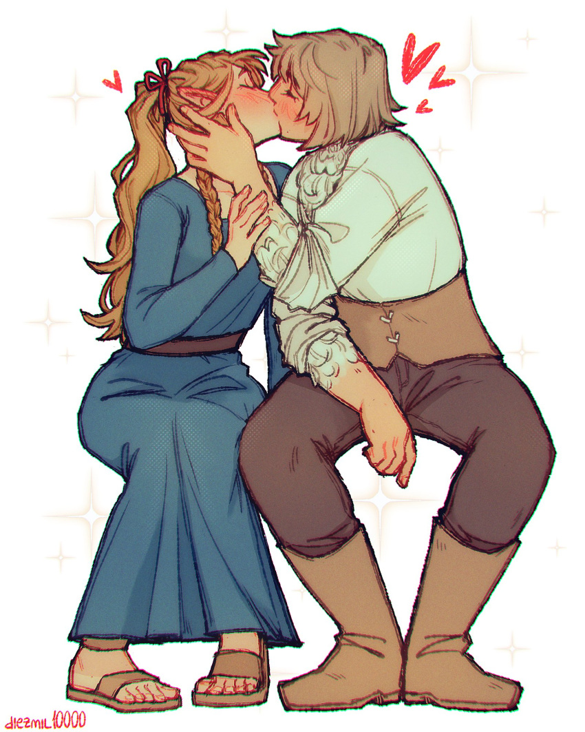 2girls, belt, blonde_hair, blue_dress, blush, boots, brown_footwear, brown_pants