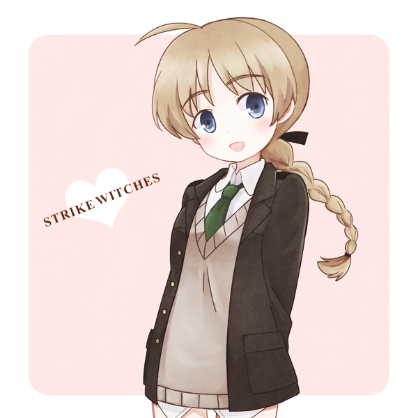 blue_eyes, braid, brown_hair, lynette_bishop, necktie, open_mouth, single_braid, strike_witches