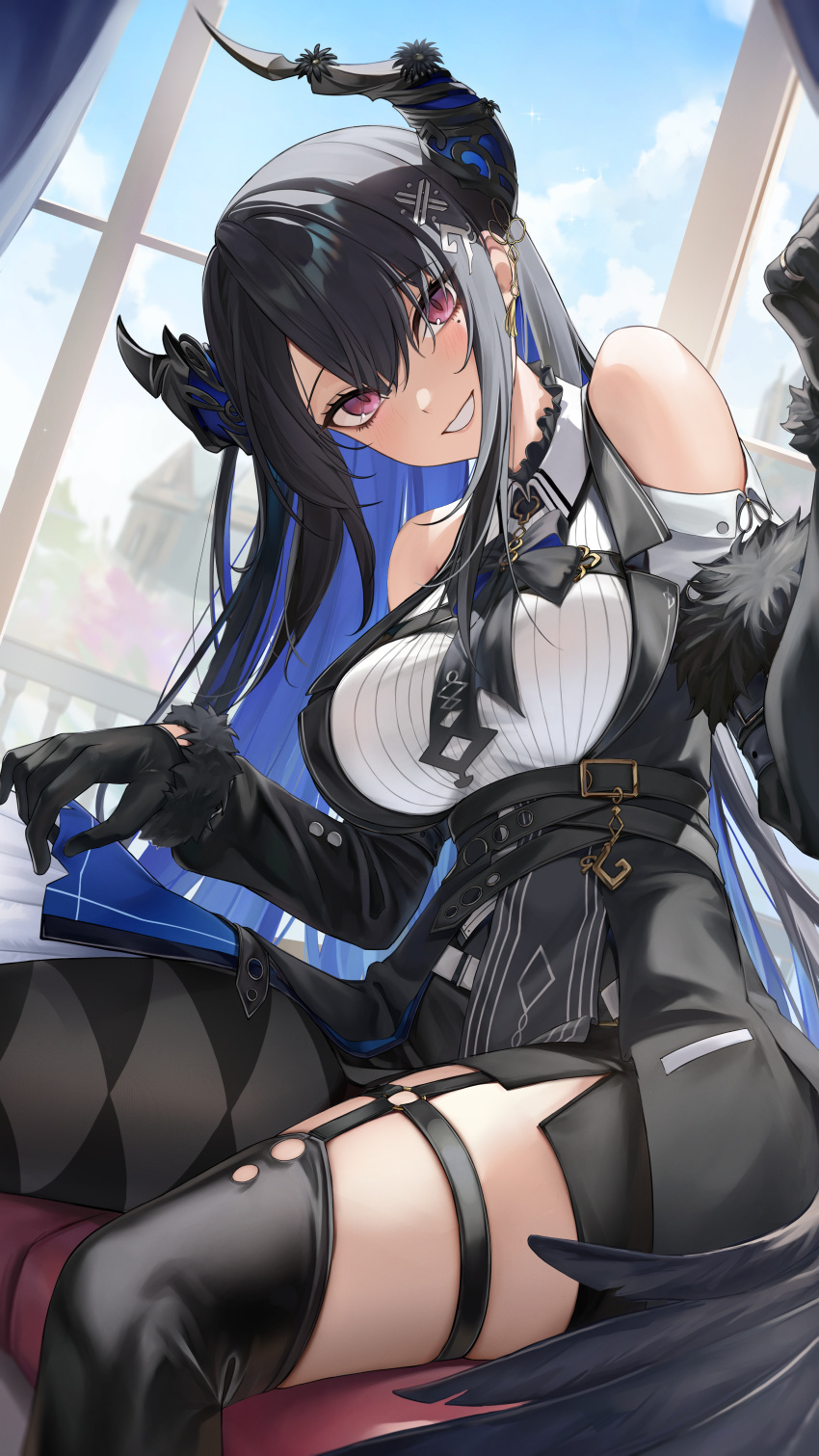1girl, absurdres, aoi_13, asymmetrical_horns, bare_shoulders, black_gloves, black_hair, black_sleeves