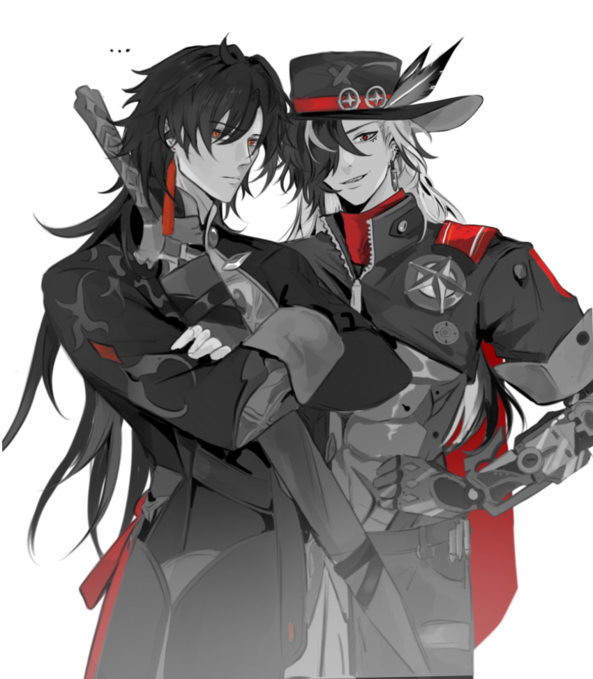 2boys, blade_(honkai:_star_rail), boothill_(honkai:_star_rail), closed_mouth, crossed_arms, feathers, frendraw, hair_between_eyes