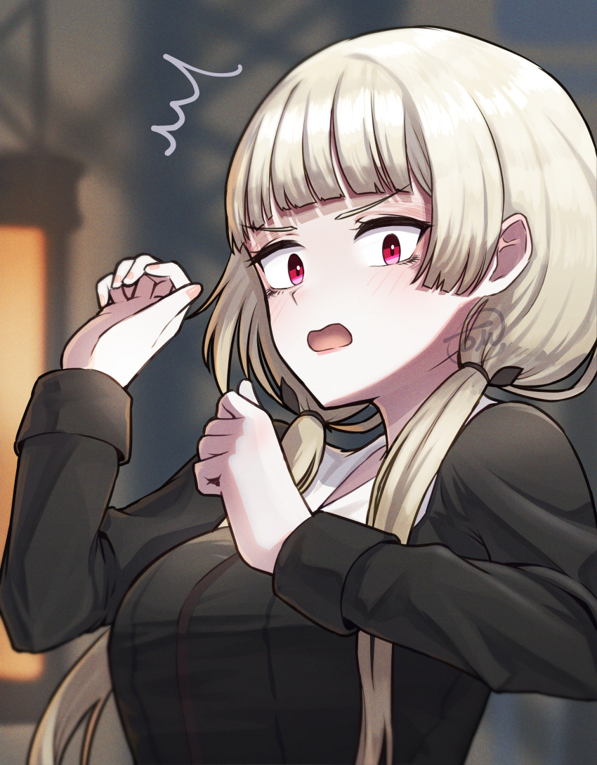 1girl, absurdres, blonde_hair, blunt_bangs, blurry, blurry_background, blush, breasts