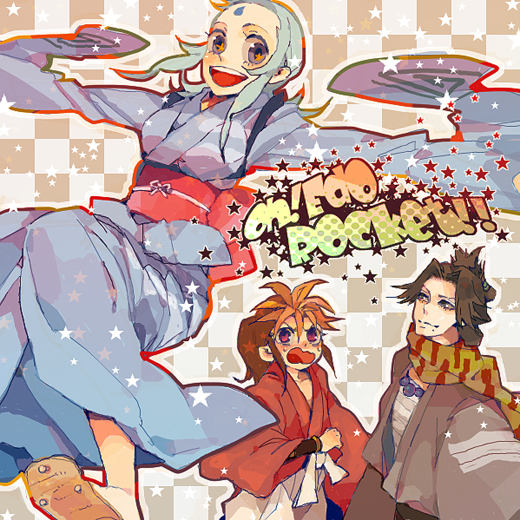 blue_hair, brown_hair, ginjiro, japanese_clothes, kimono, o-sora-san, oedo_rocket, oh_edo_rocket, pink_eyes, purple_eyes, sachiko_(omame), scarf, sora_(oedo_rocket), tamaya_seikichi, violet_eyes