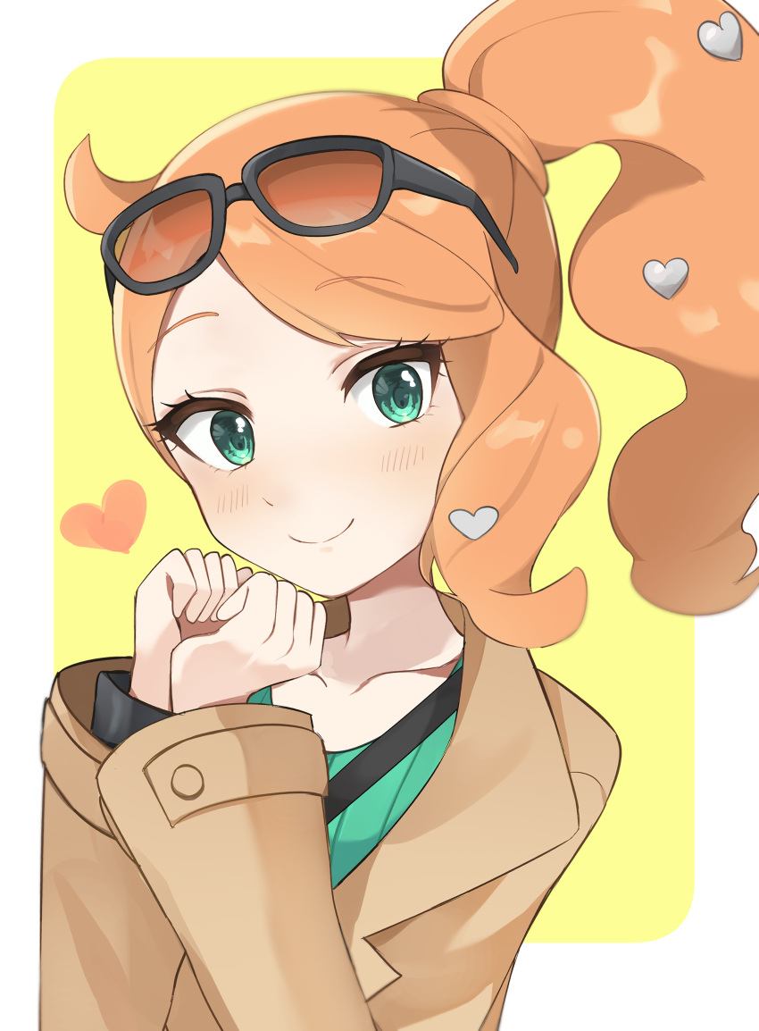 1girl, absurdres, aqua_eyes, aqua_shirt, brown_coat, coat, collarbone, eyewear_on_head, hair_ornament, heart, heart_hair_ornament, heart_hands, highres, light_blush, orange-tinted_eyewear, orange_hair, pokemon, pokemon_swsh, ribbed_shirt, shirt, side_ponytail, solo, sonia_(pokemon), sunglasses, swept_bangs, tinted_eyewear, upper_body, v-neck, zorimu