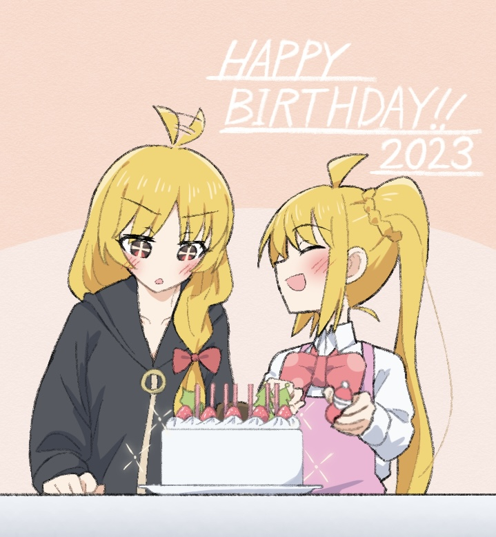 +_+, 2girls, black_hoodie, blonde_hair, blush, bocchi_the_rock!, bow, bowtie